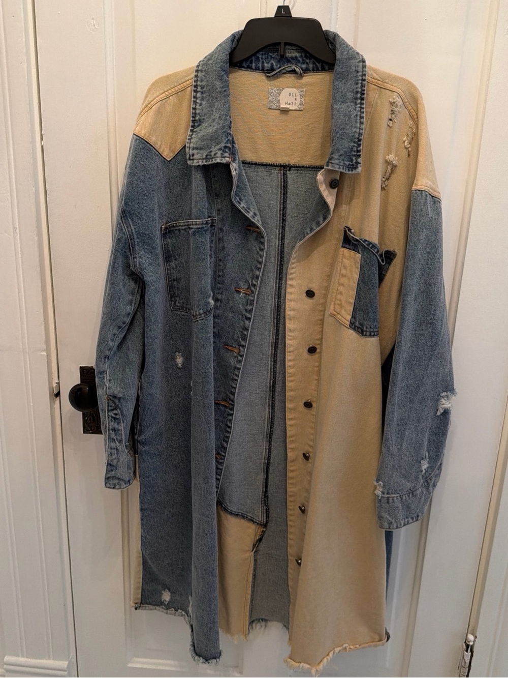 Mixed Denim Coat Jacket Womens M Distressed Longline Trench Raw Hem Grunge